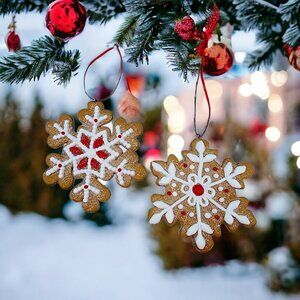 Gingerbread Snowflake Faux Frosted Cookie Ornaments Set Of 2 Fake Bake [v1